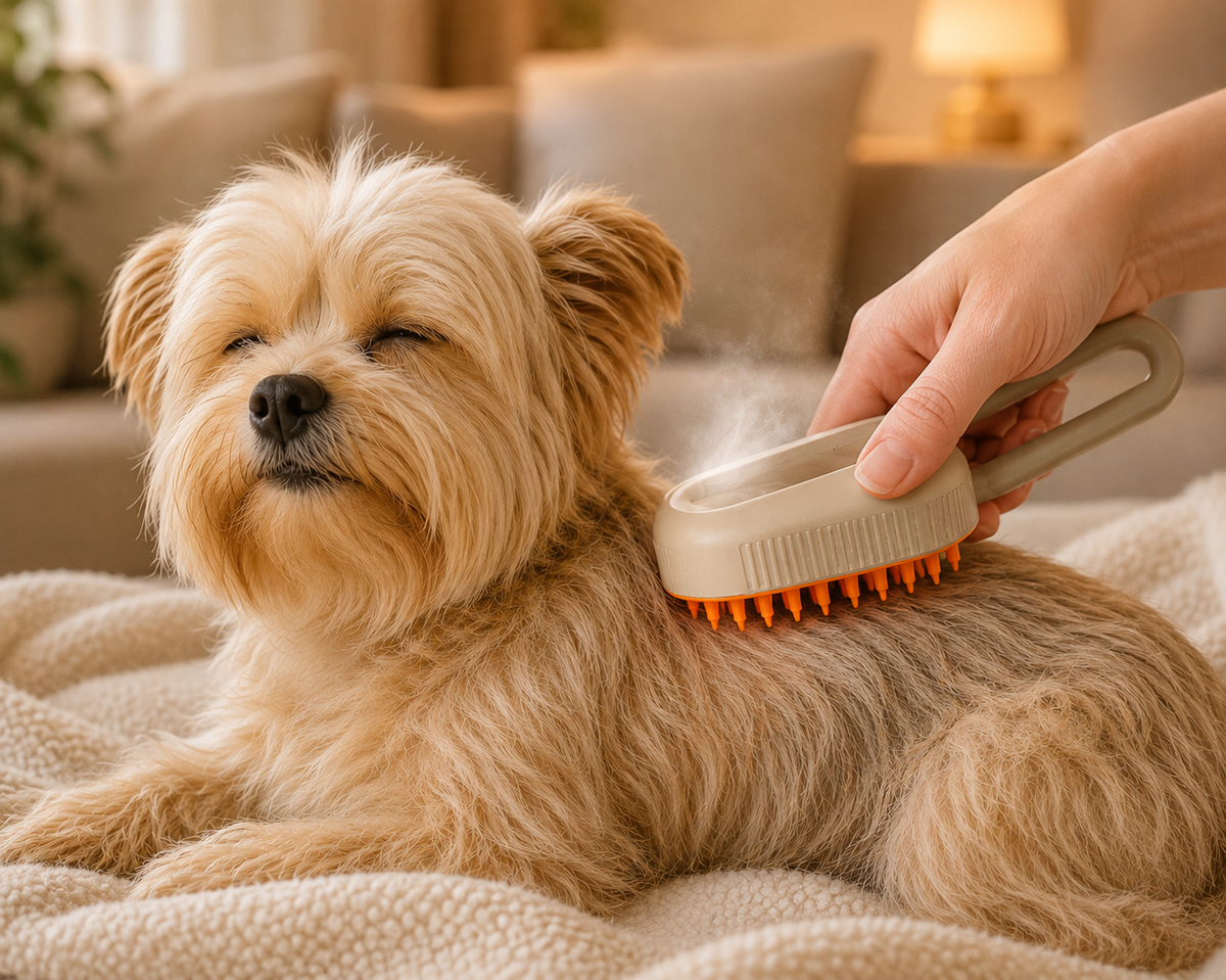 Chien brossé avec la brosse vapeur sans fil, moment de détente
