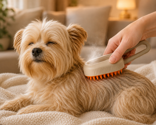Chien brossé avec la brosse vapeur sans fil, moment de détente