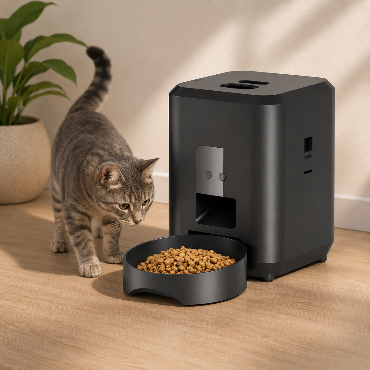 Distributeur de croquettes automatique noir avec chat à côté de la gamelle