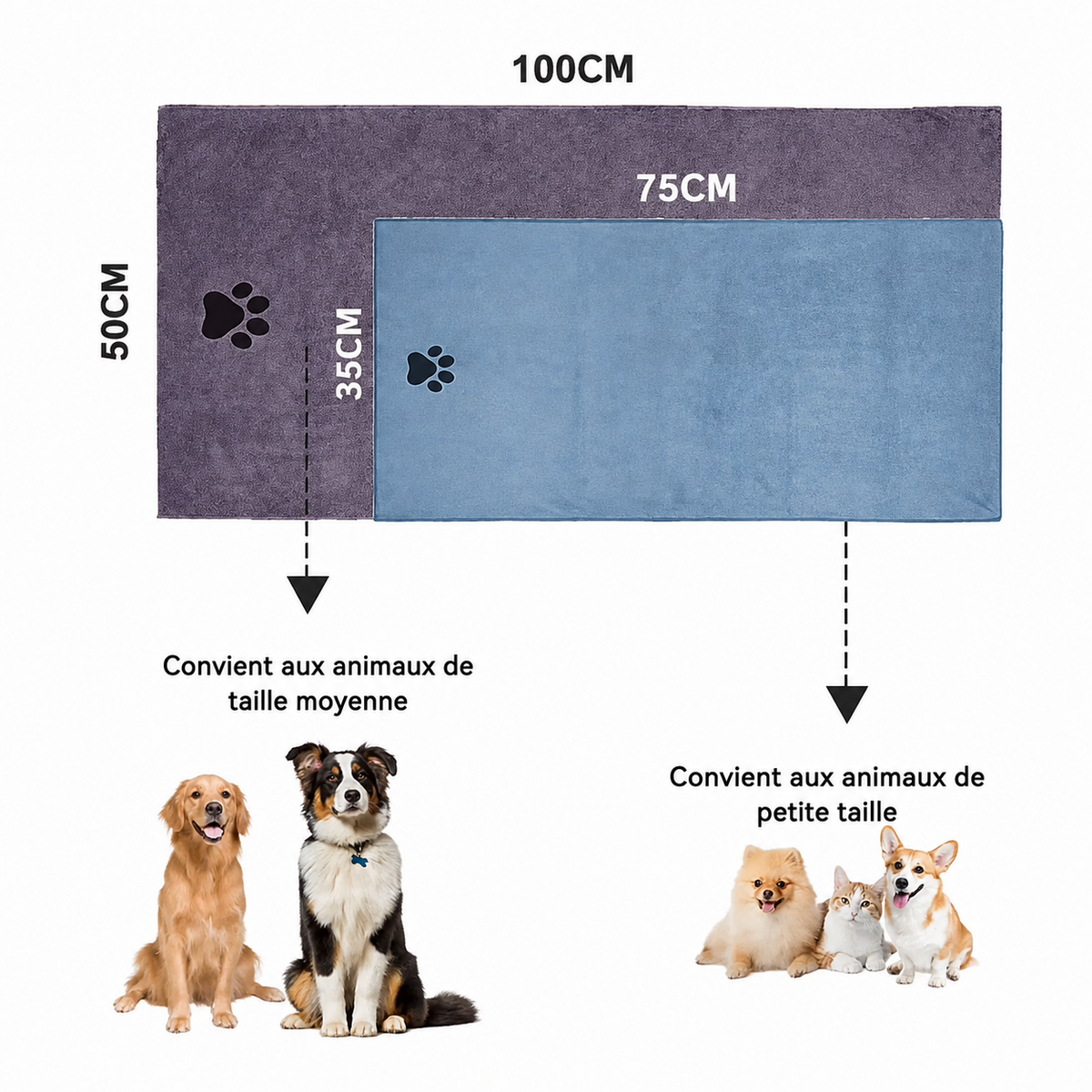 Dimensions de la serviette microfibre pour animaux, 100x50cm